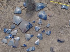 Blue Decorated Sherds Decorations include unique brushed cobalt blue blossoms or circular peach-shaped blooms.
