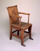 <p>An example of a maker considering the anthropomorphic qualities of chairs. Unknown, Chair, late 19th century, Carved and varnished cedrella with leather and brass tacks, Milwaukee Art Museum M2008.130.</p>
